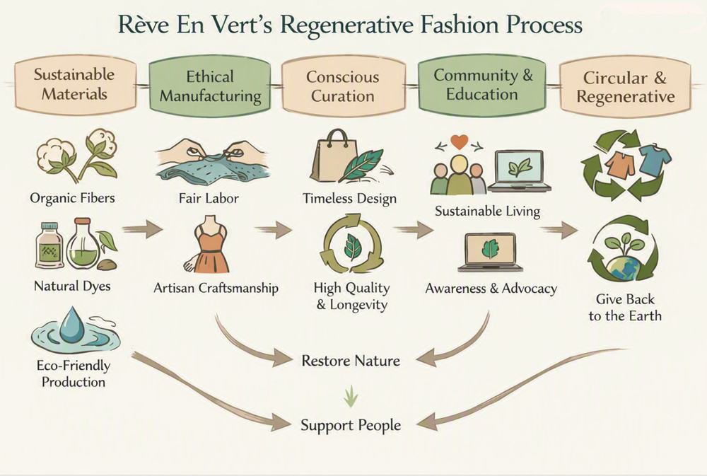 Diagram illustrating Rêve En Vert’s regenerative fashion process, showing sustainable materials, ethical production, circular design, and community impact.