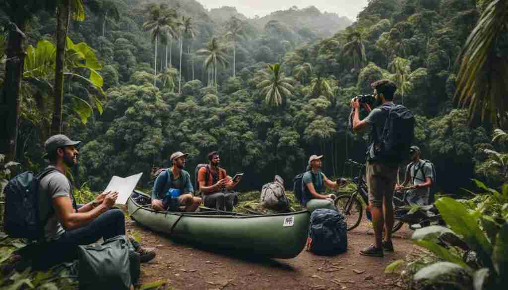 Travellers walking through a natural landscape, illustrating ecotourism and responsible travel that protects the environment.