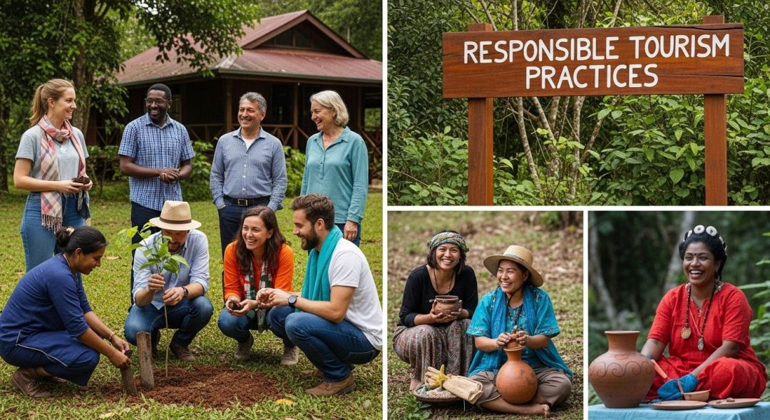 People walking through a natural landscape on a responsible travel experience, showing a respectful and symbiotic relationship with the environment.