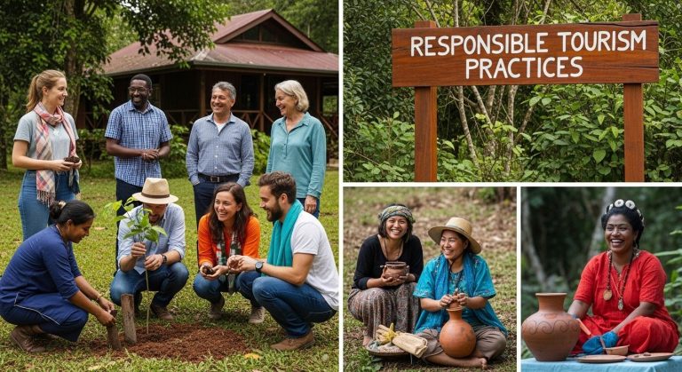 People walking through a natural landscape on a responsible travel experience, showing a respectful and symbiotic relationship with the environment.