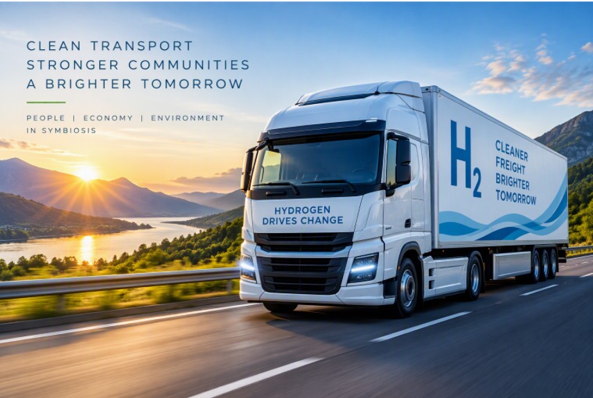 A modern hydrogen-powered heavy goods vehicle representing the future of clean freight transport, illustrating the transition from diesel dependency to low-emission logistics and sustainable mobility.