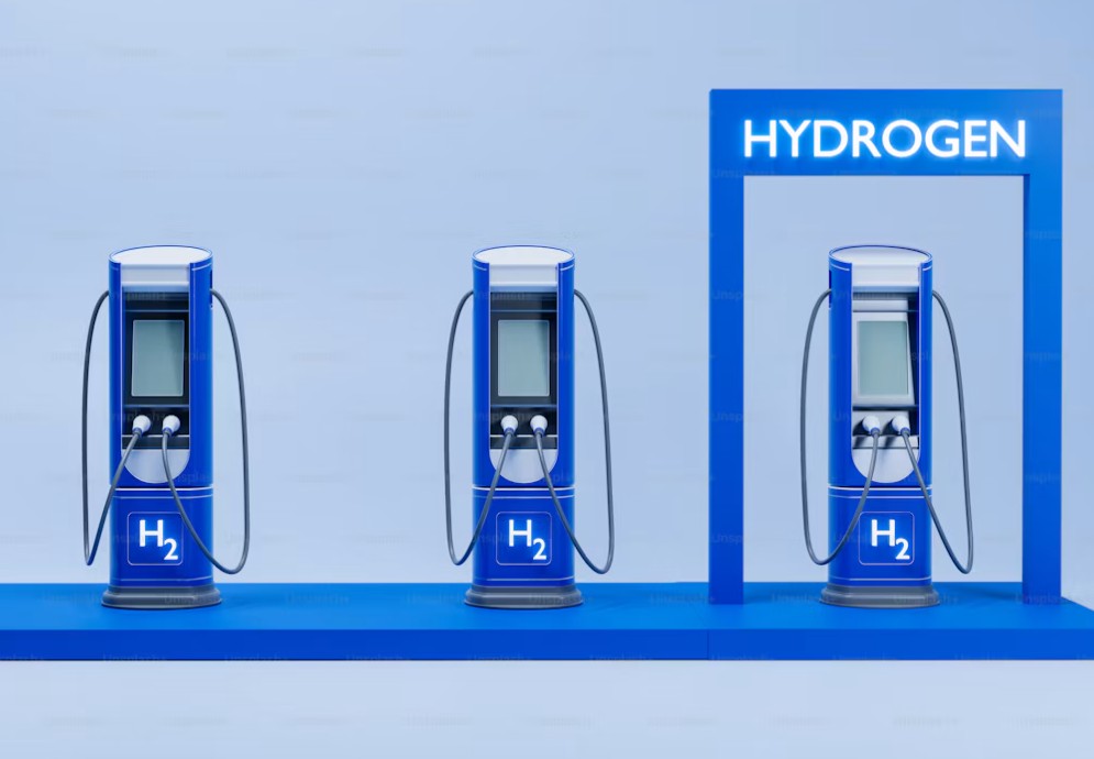 A modern hydrogen filling station with hydrogen pumps and clean energy infrastructure, designed to support zero-emission hydrogen-powered vehicles and sustainable transport systems.