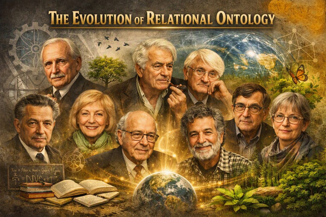 Montage of key relational ontology philosophers including Whitehead, Bertalanffy, Bateson, Henderson, Prigogine, Habermas, Maturana, Latour, Haraway, and Barad, symbolising the evolution from mechanistic to symbiotic worldviews.