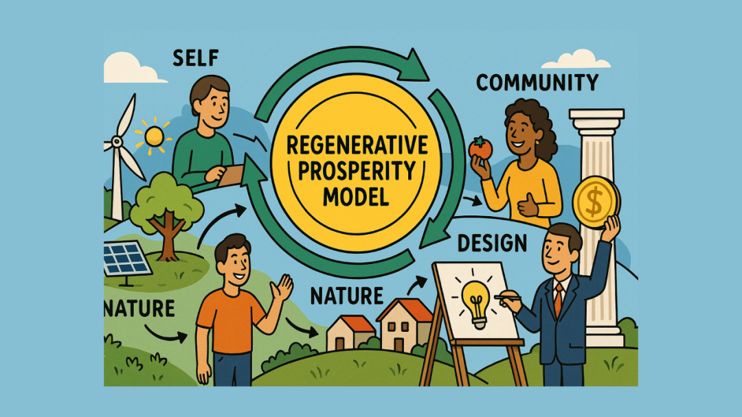 Illustration showing renewable energy, natural landscapes, and people collaborating to represent regenerative economic systems.