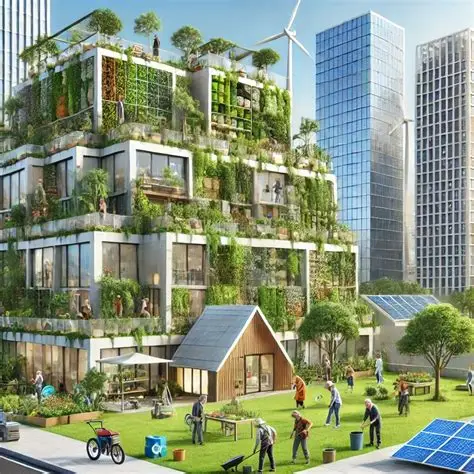 People interacting with solar panels, wind turbines, and green landscapes to illustrate regenerative infrastructure and sustainable development.